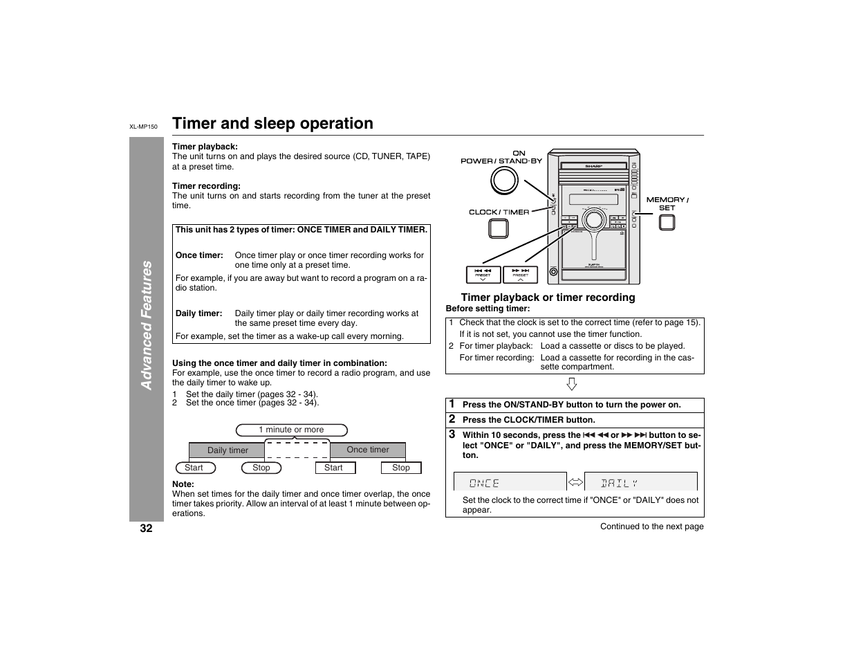 Timer and sleep operation, Advanced features, X-bass (surround) /demo | Sharp XL-MP150 User Manual | Page 32 / 42