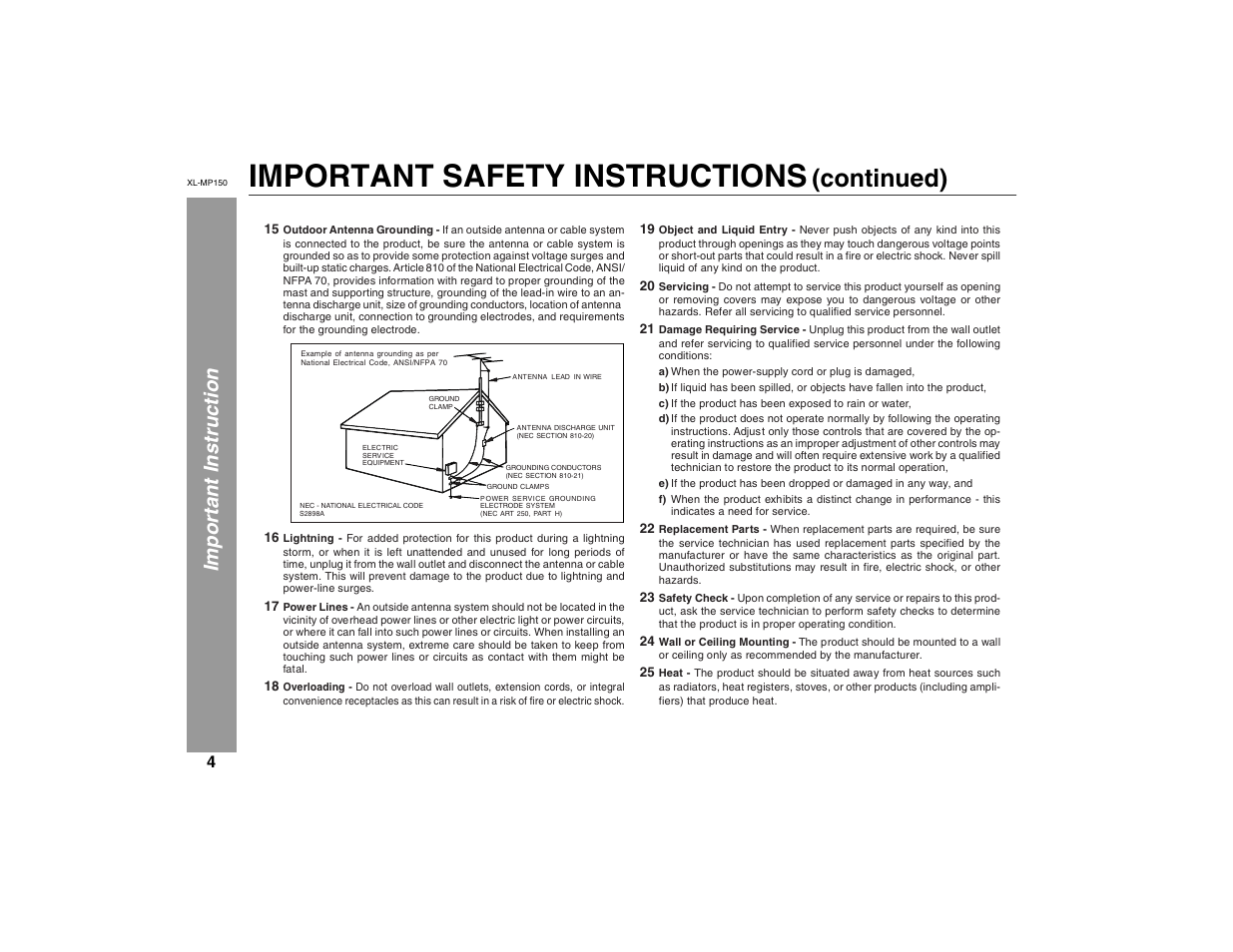 Important safety instructions, Continued), Important instruction | Sharp XL-MP150 User Manual | Page 4 / 42