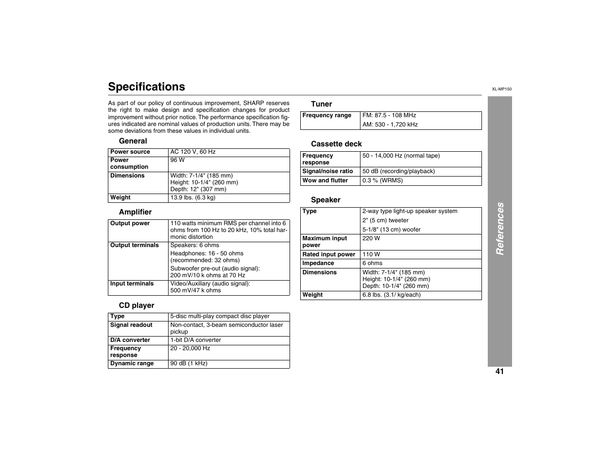 Specifications, References | Sharp XL-MP150 User Manual | Page 41 / 42