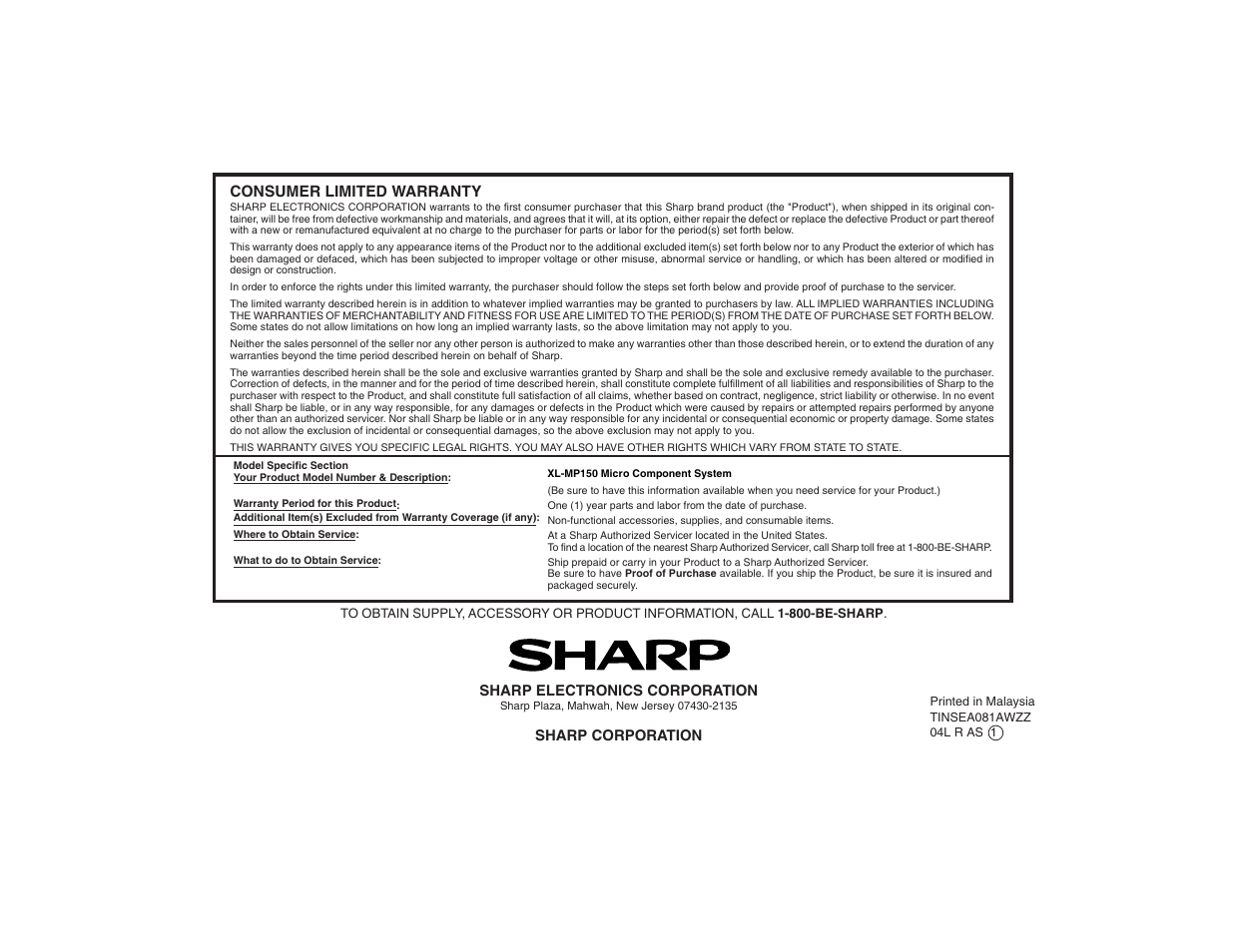 Consumer limited warranty | Sharp XL-MP150 User Manual | Page 42 / 42