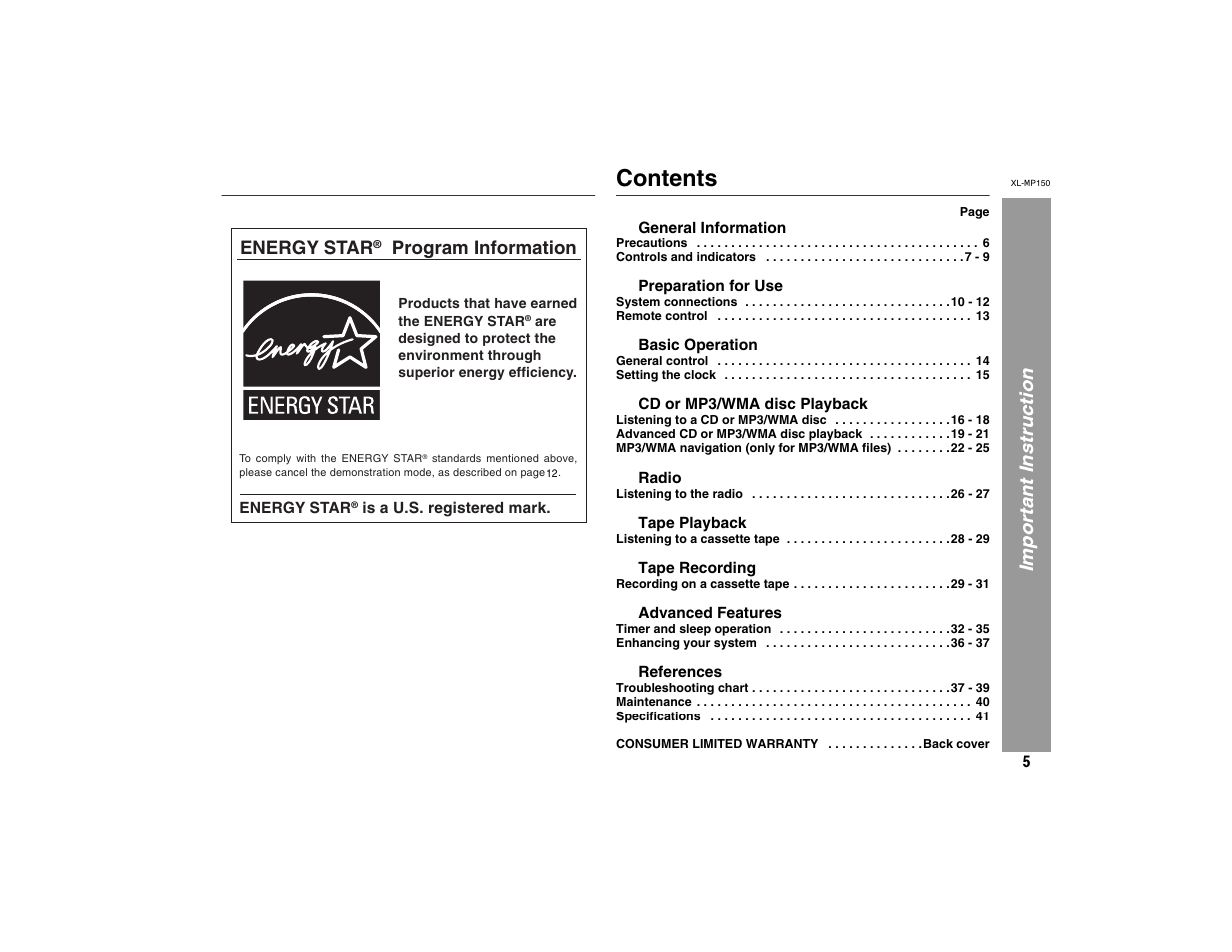 Sharp XL-MP150 User Manual | Page 5 / 42