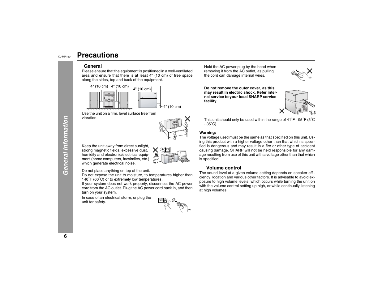 Precautions, General information | Sharp XL-MP150 User Manual | Page 6 / 42