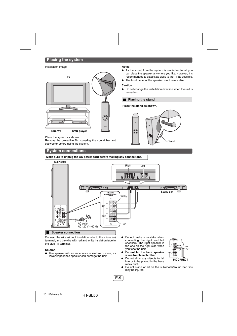 Placing the system, Placing the stand, System connections | Speaker connection | Sharp HT-SL50 User Manual | Page 10 / 16