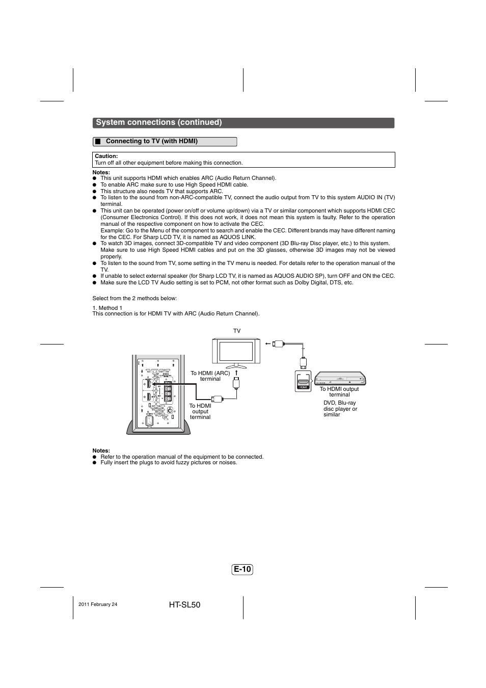 Connecting to tv (with hdmi) | Sharp HT-SL50 User Manual | Page 11 / 16