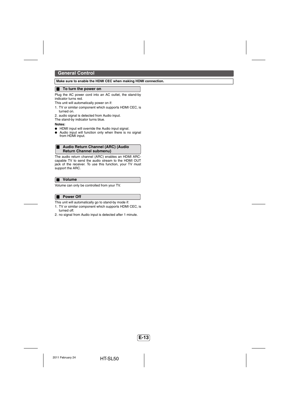 General control, To turn the power on, Volume | Power off | Sharp HT-SL50 User Manual | Page 14 / 16