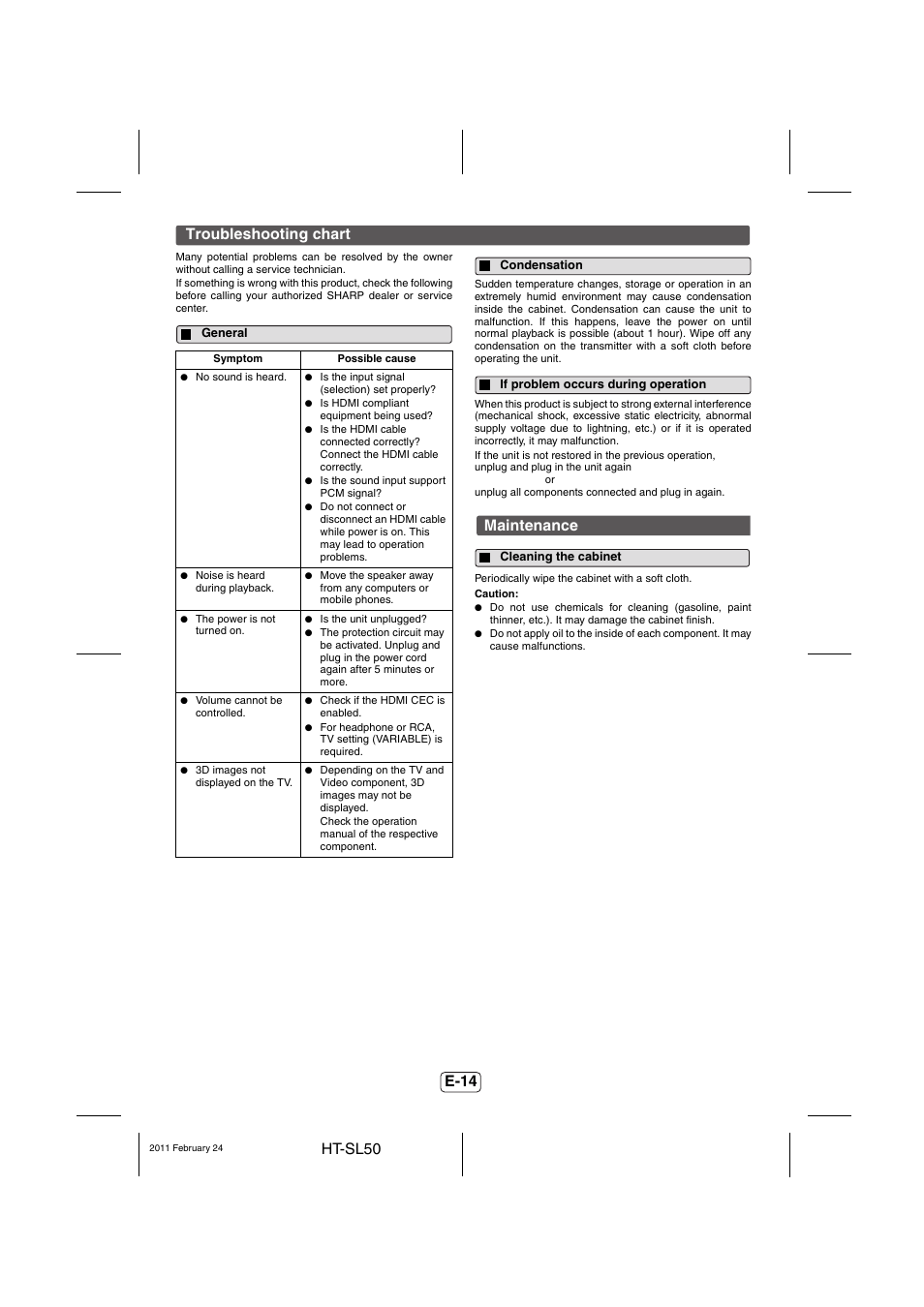 Troubleshooting chart, General, Condensation | If problem occurs during operation, Maintenance, Cleaning the cabinet | Sharp HT-SL50 User Manual | Page 15 / 16