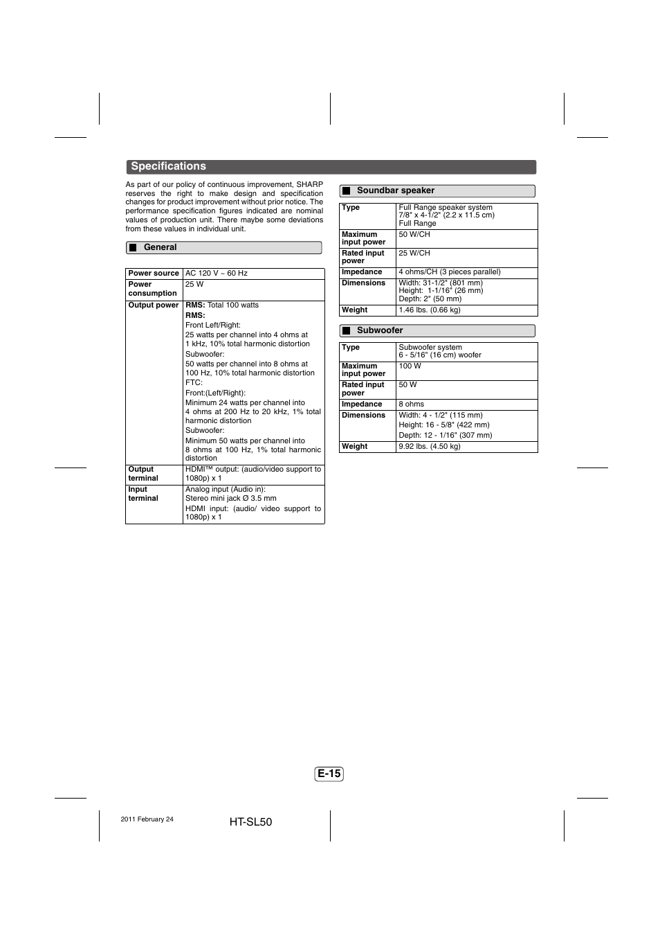 Specifications, General, Soundbar speaker | Subwoofer | Sharp HT-SL50 User Manual | Page 16 / 16