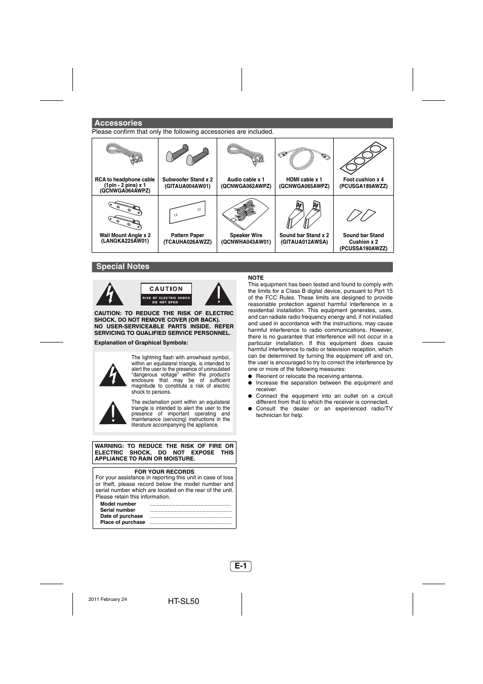 Accessories, Special notes | Sharp HT-SL50 User Manual | Page 2 / 16