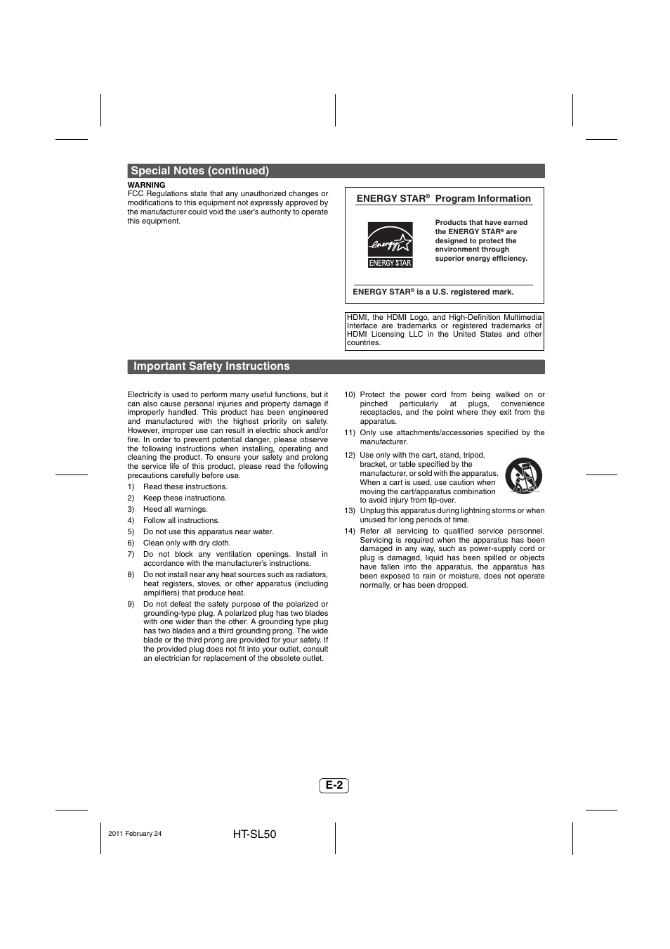 Important safety instructions | Sharp HT-SL50 User Manual | Page 3 / 16