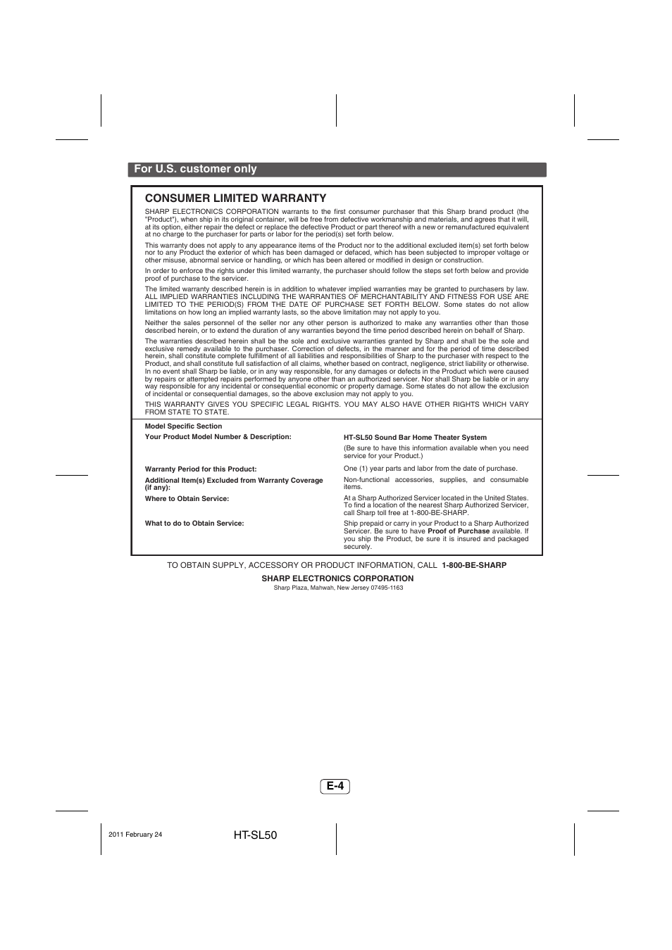 For u.s. customer only | Sharp HT-SL50 User Manual | Page 5 / 16