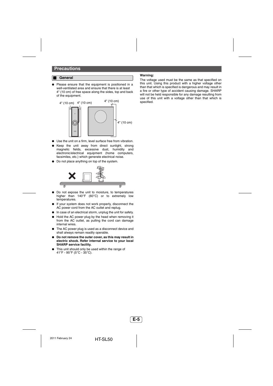 Precautions, General | Sharp HT-SL50 User Manual | Page 6 / 16