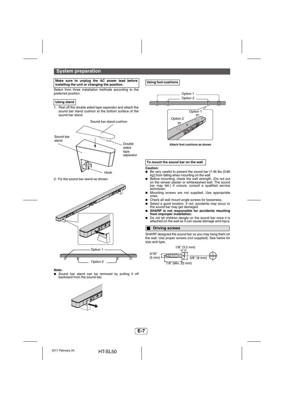 System preparation, Driving screws | Sharp HT-SL50 User Manual | Page 8 / 16