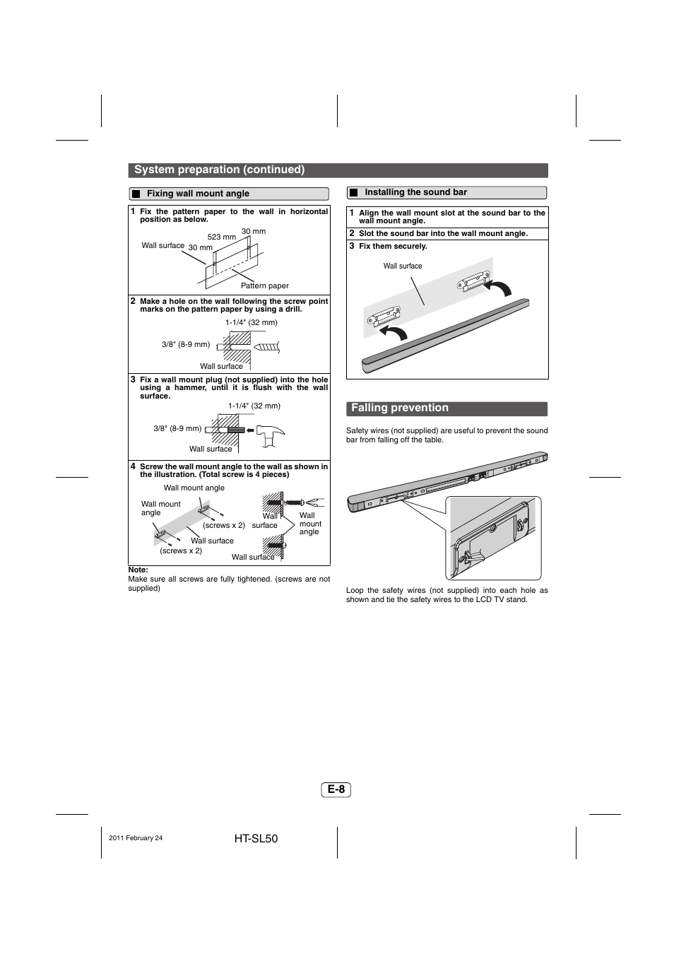 Fixing wall mount angle, Installing the sound bar, Falling prevention | Sharp HT-SL50 User Manual | Page 9 / 16