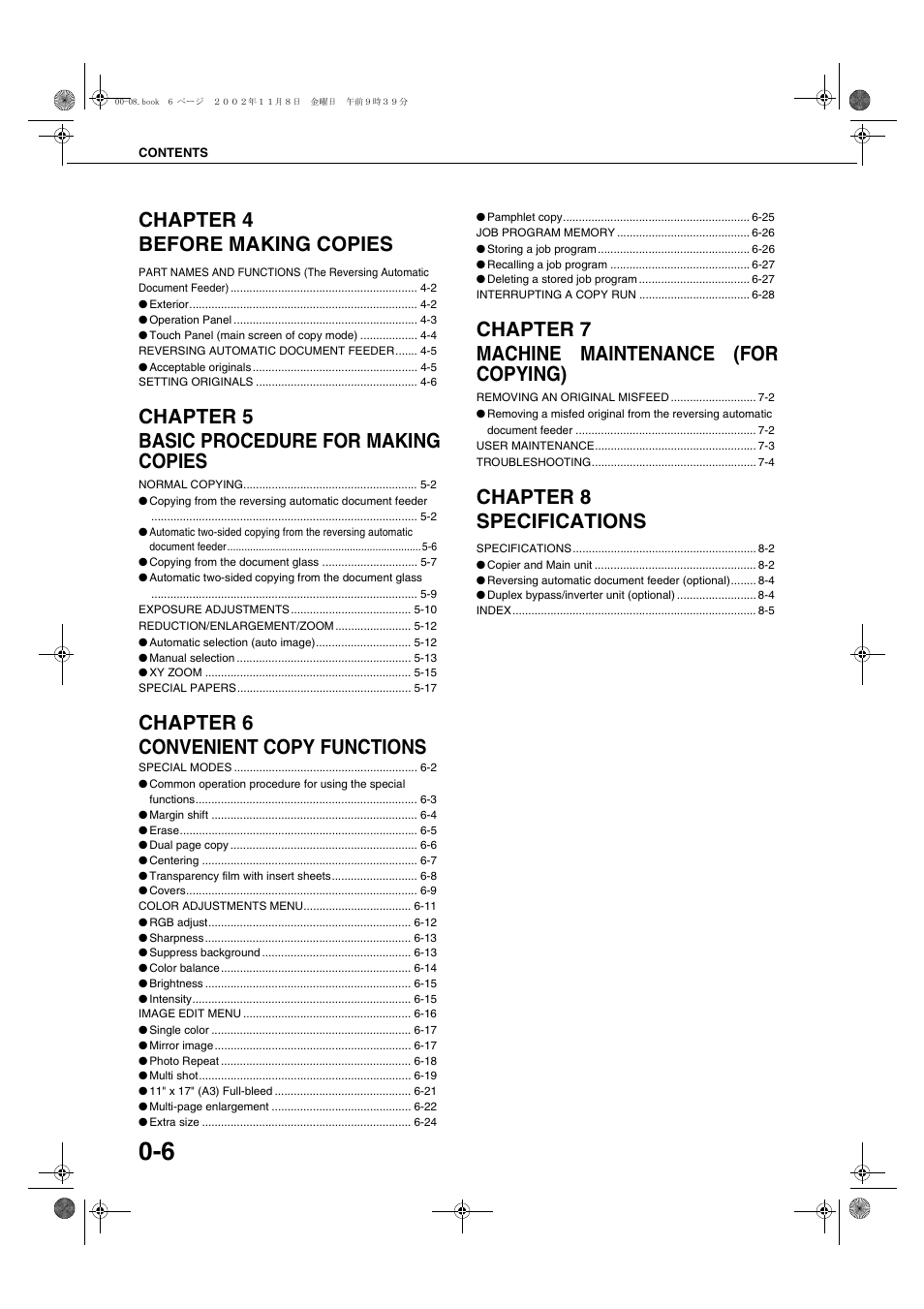 Chapter 4 before making copies, Chapter 5 basic procedure for making copies, Chapter 6 convenient copy functions | Chapter 7 machine maintenance (for copying), Chapter 8 specifications | Sharp AR-C260 User Manual | Page 10 / 140