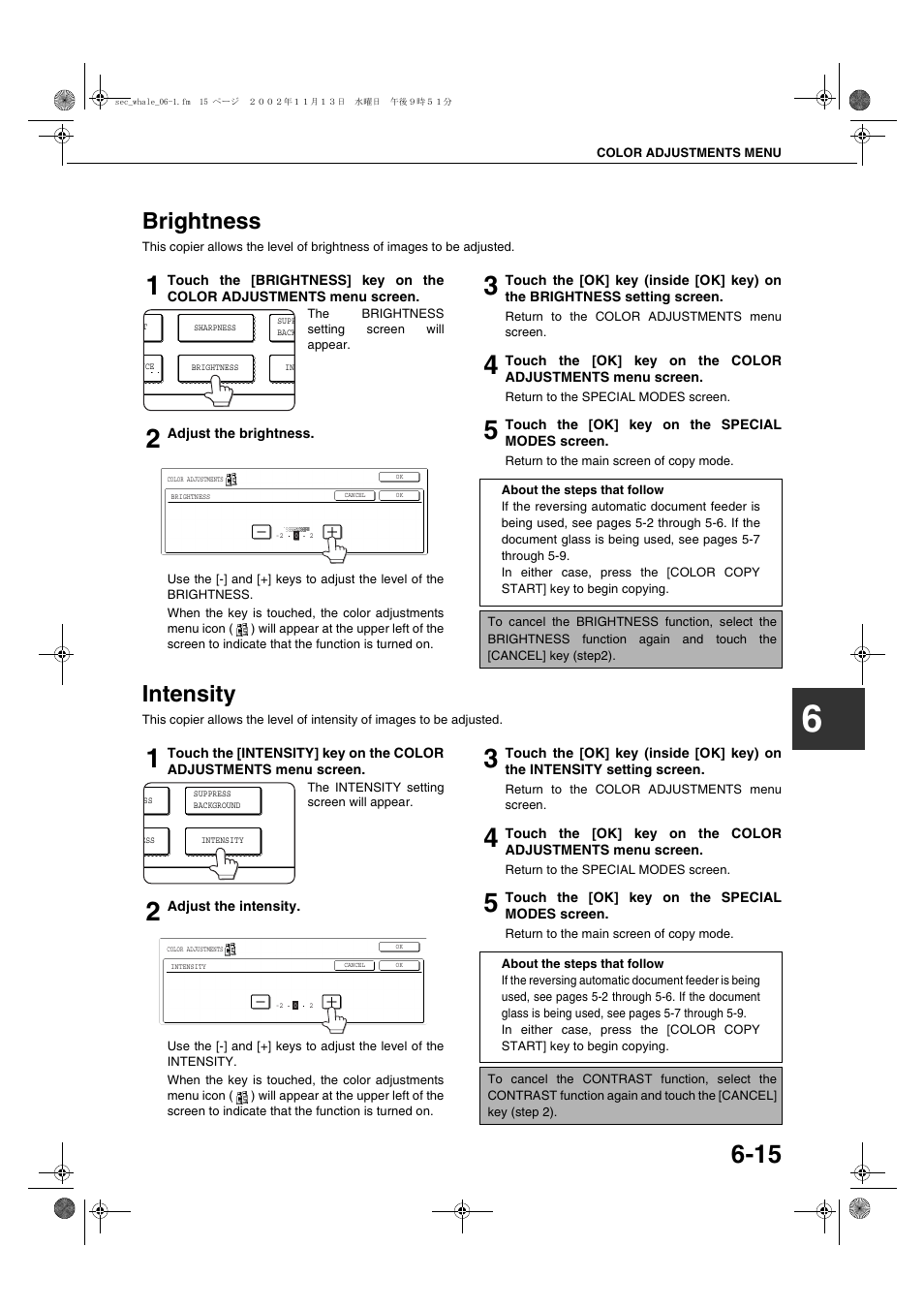 Brightness, Intensity, Brightness -15 | Intensity -15, E 6-15) | Sharp AR-C260 User Manual | Page 109 / 140