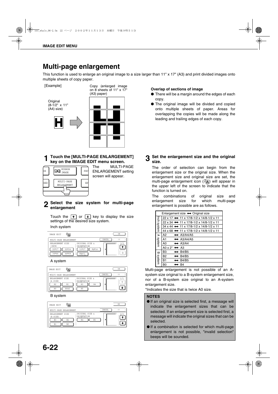 Multi-page enlargement, Select the size system for multi-page enlargement, Set the enlargement size and the original size | Sharp AR-C260 User Manual | Page 116 / 140