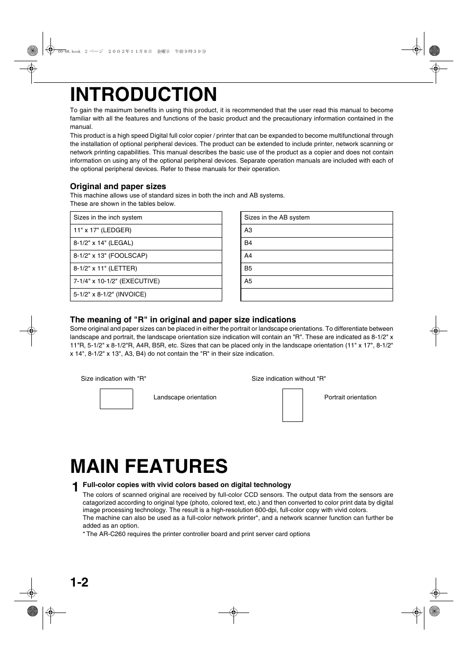 Introduction, Original and paper sizes, Main features | Introduction -2, Main features -2 | Sharp AR-C260 User Manual | Page 12 / 140