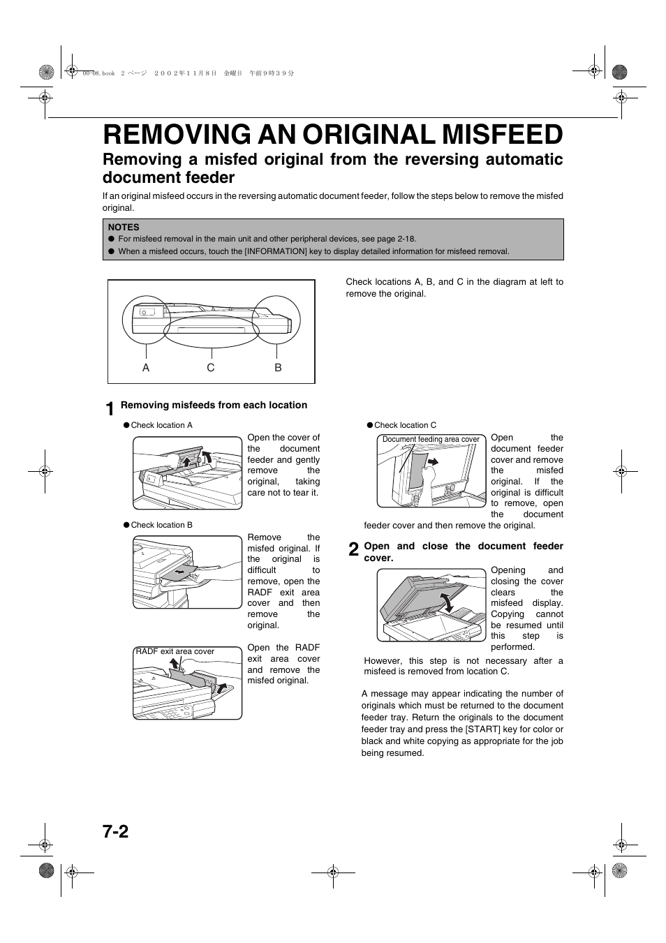 Removing an original misfeed, Removing an original misfeed -2, Document feeder | E 7-2) | Sharp AR-C260 User Manual | Page 124 / 140