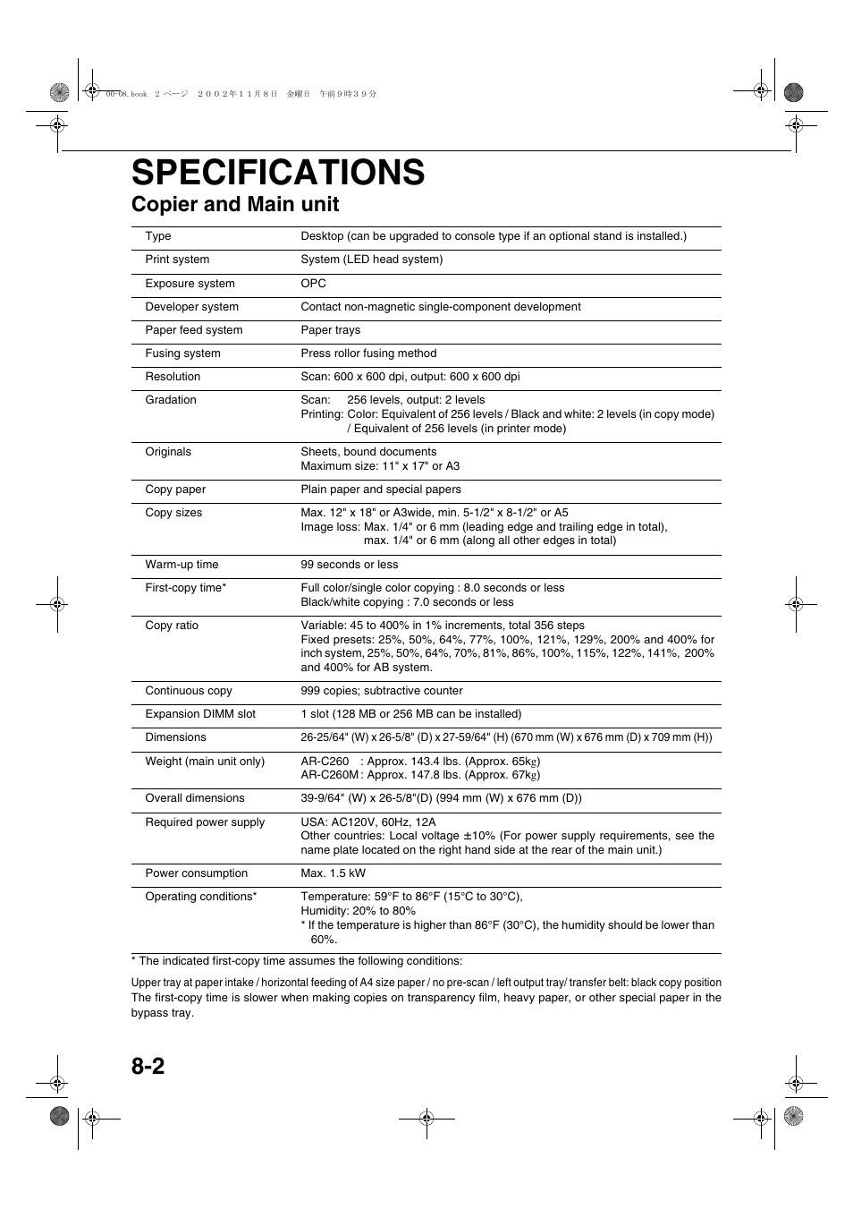 Specifications, Copier and main unit, Specifications -2 | Copier and main unit -2 | Sharp AR-C260 User Manual | Page 130 / 140