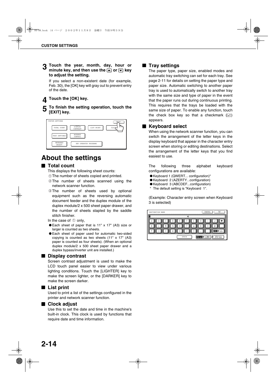 About the settings, Total count, Display contrast | List print, Clock adjust, Tray settings, Keyboard select, About the settings -14 | Sharp AR-C260 User Manual | Page 36 / 140