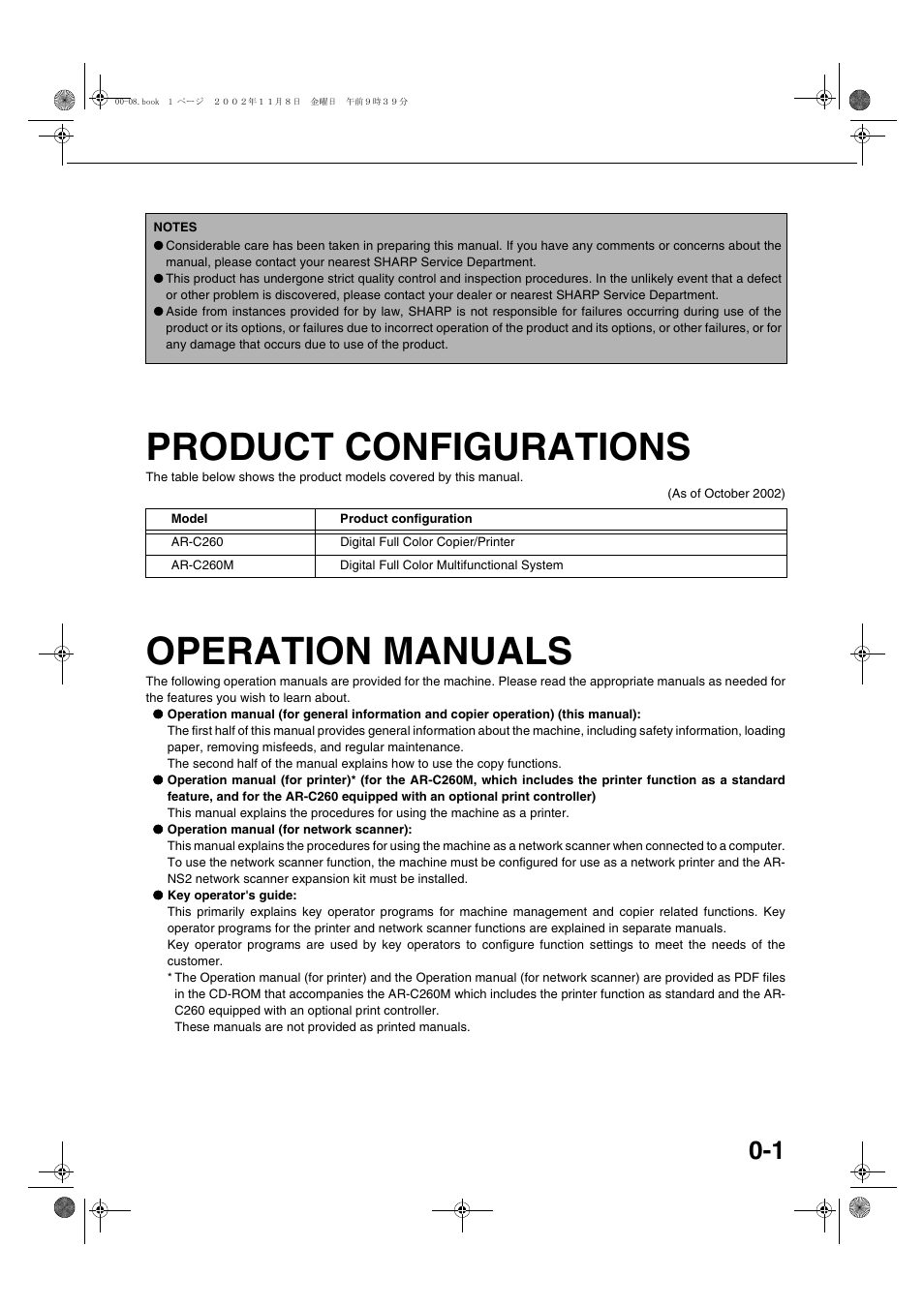 Product configurations, Operation manuals | Sharp AR-C260 User Manual | Page 5 / 140