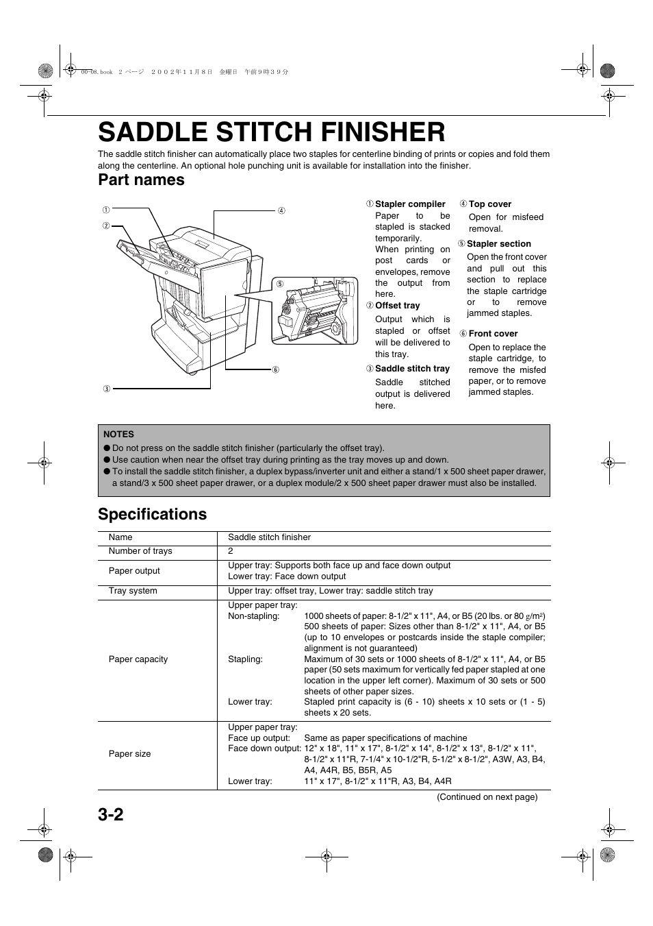 Saddle stitch finisher, Part names, Specifications | Saddle stitch finisher -2, Part names -2, Specifications -2, Part names specifications | Sharp AR-C260 User Manual | Page 50 / 140