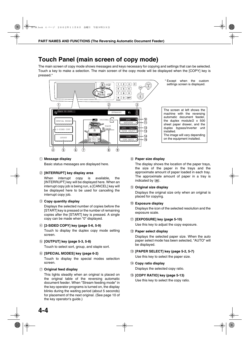 Touch panel (main screen of copy mode), Touch panel (main screen of copy mode) -4, Ge 4-4) | Sharp AR-C260 User Manual | Page 72 / 140