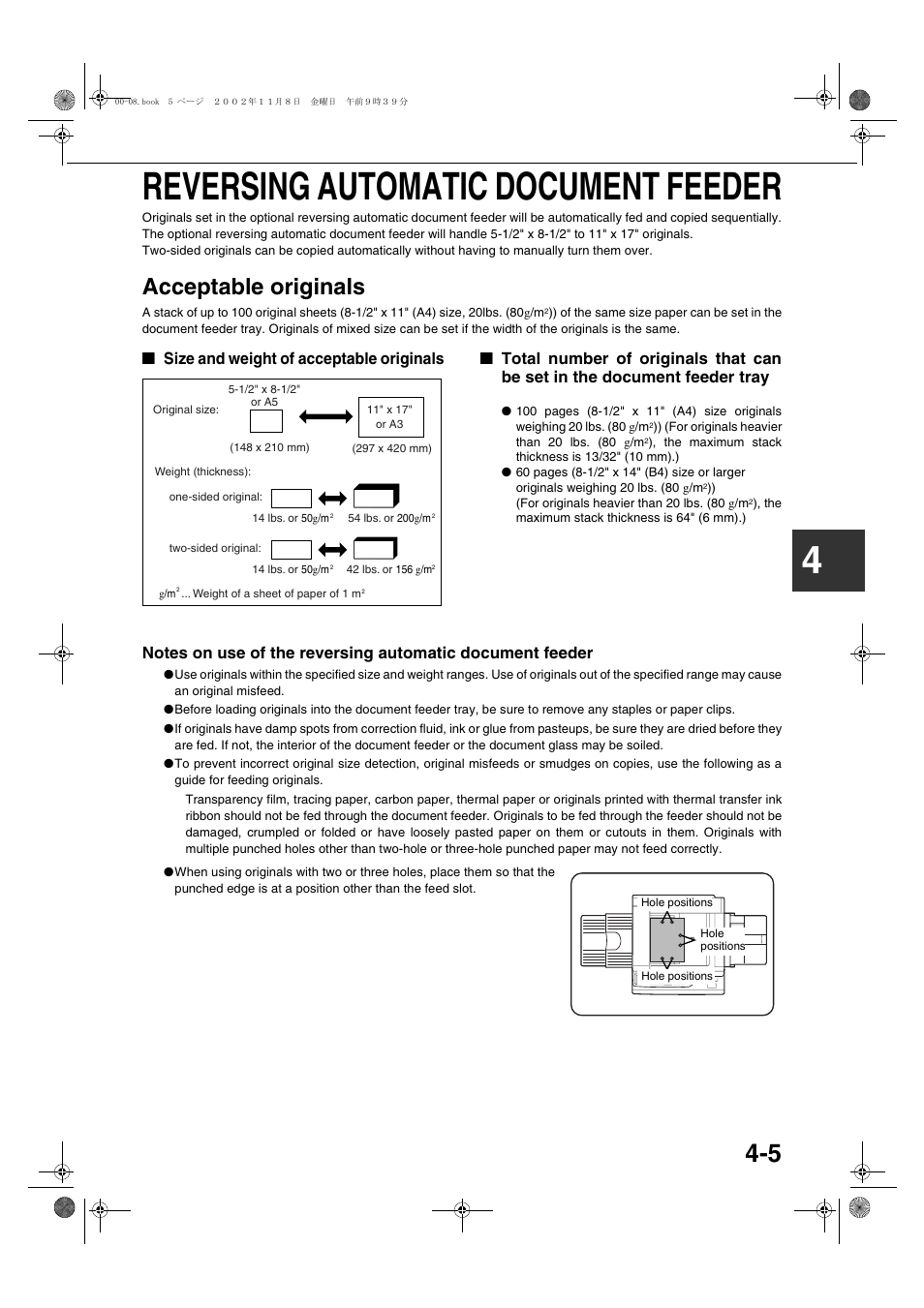 Reversing automatic document feeder, Acceptable originals, Size and weight of acceptable originals | Reversing automatic document feeder -5, Acceptable originals -5, 4reversing automatic document feeder | Sharp AR-C260 User Manual | Page 73 / 140