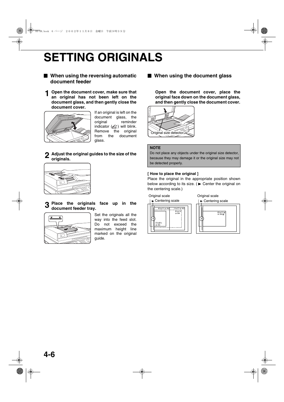 Setting originals, When using the reversing automatic document feeder, When using the document glass | Setting originals -6, E 4-6) | Sharp AR-C260 User Manual | Page 74 / 140