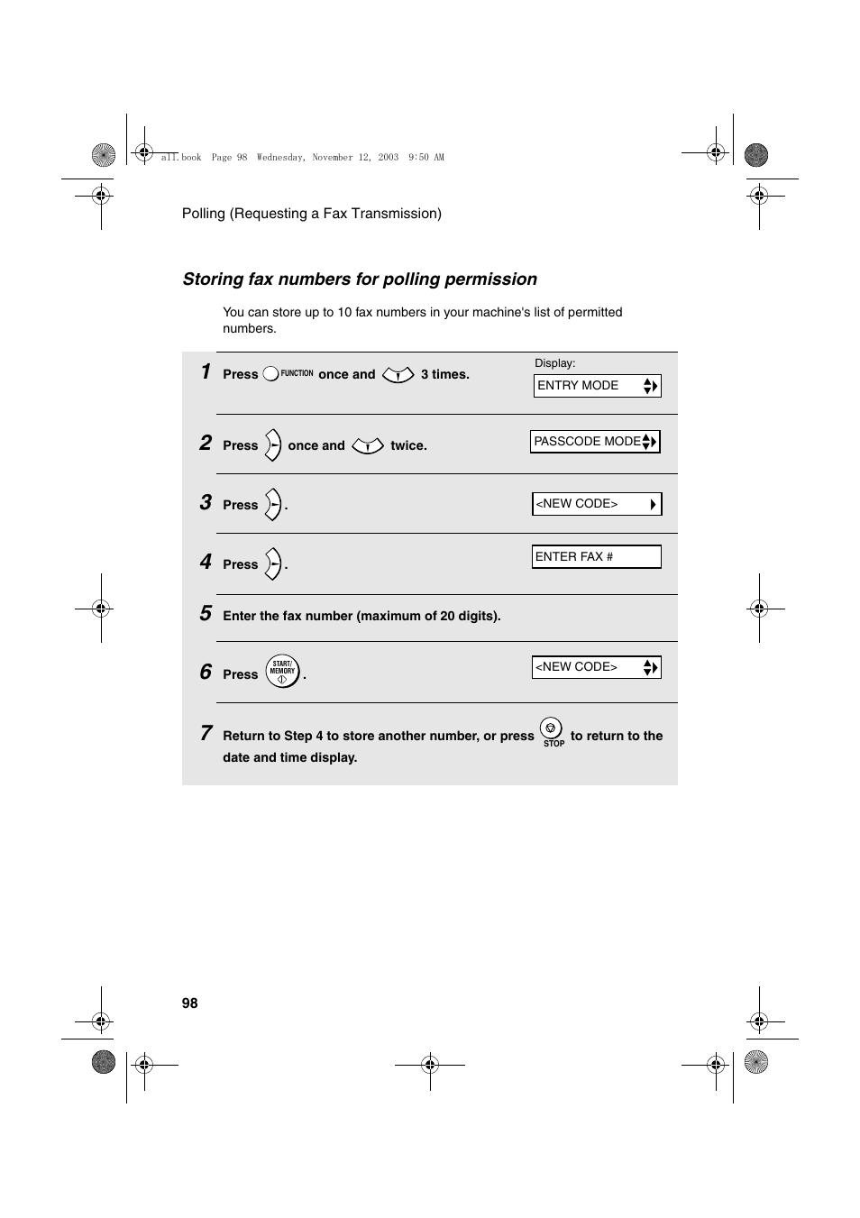 Storing fax numbers for polling permission | Sharp UX-A1000 User Manual | Page 100 / 136