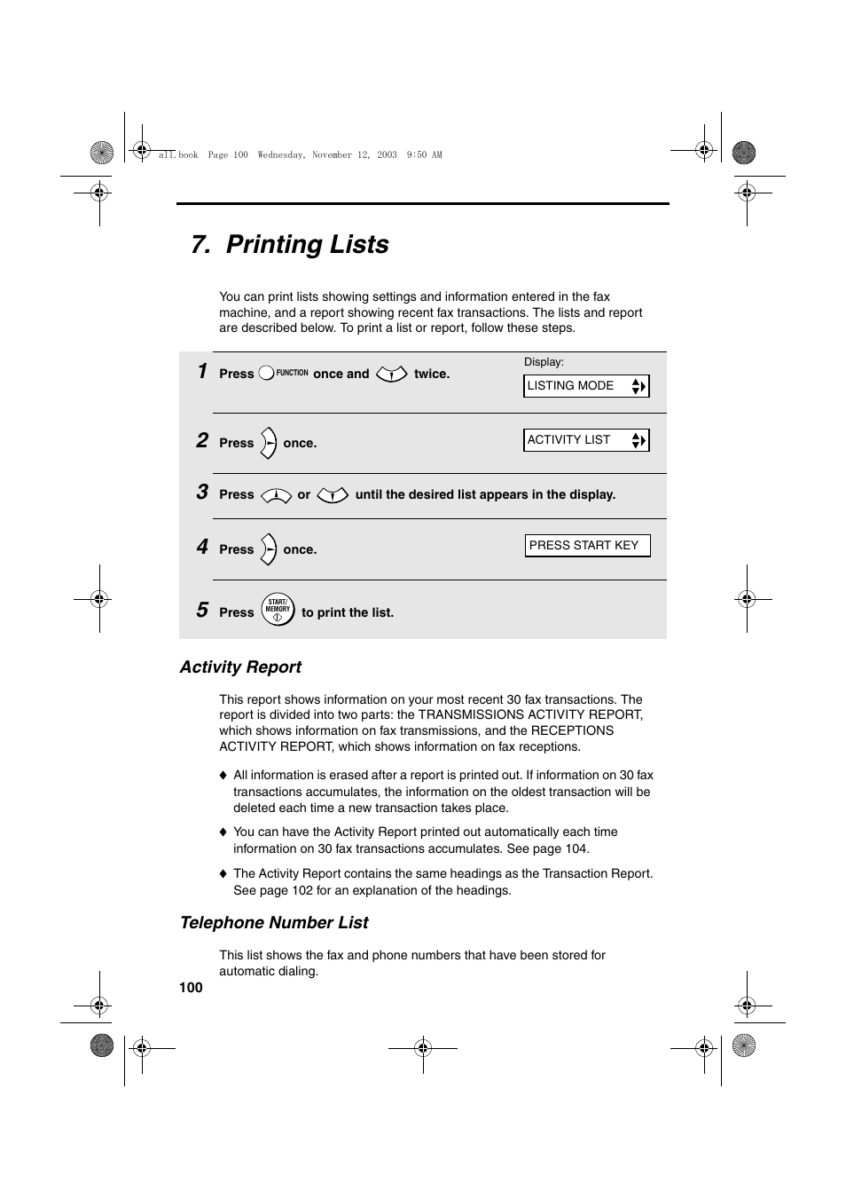 Printing lists | Sharp UX-A1000 User Manual | Page 102 / 136