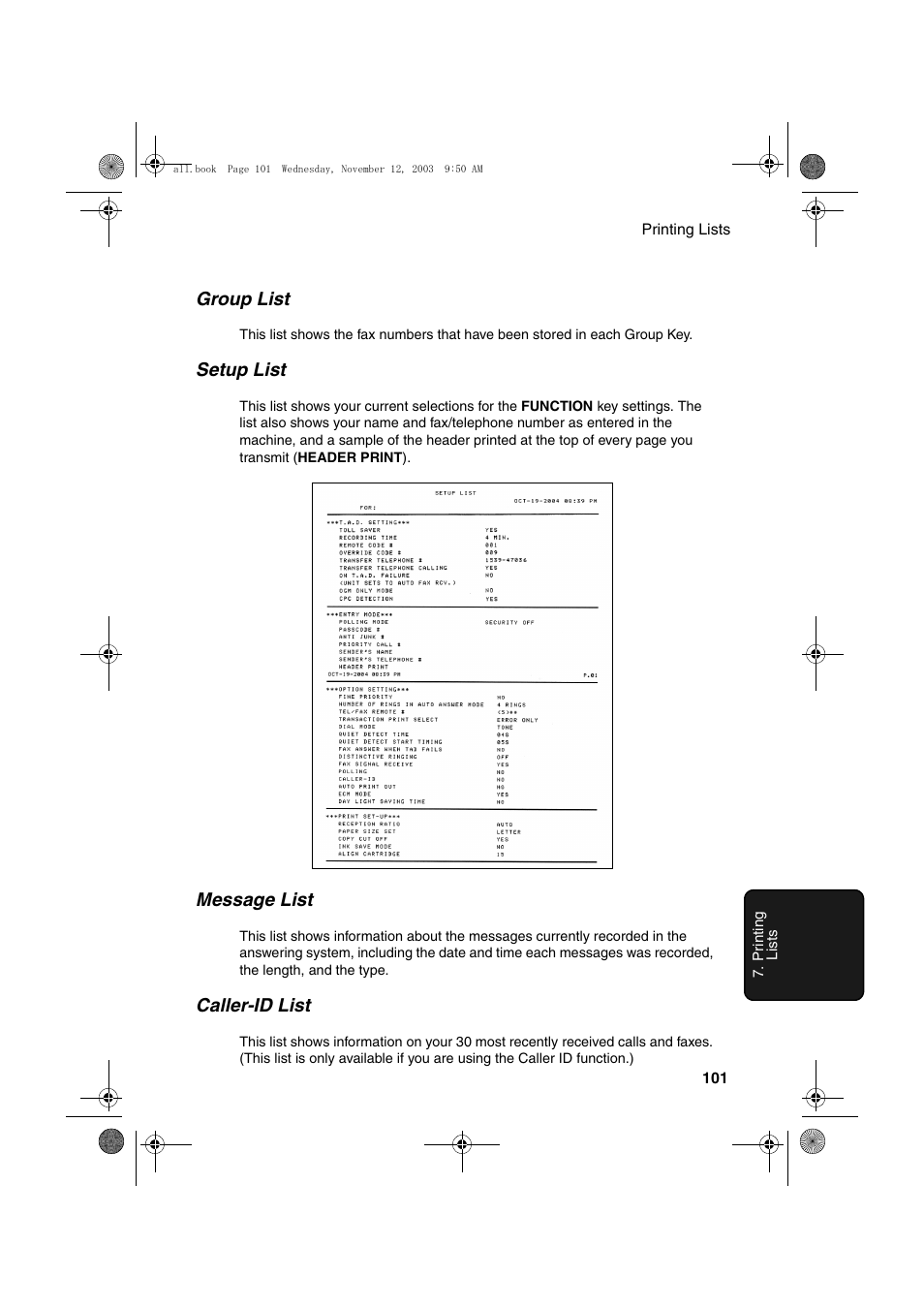 Group list, Setup list, Message list | Caller-id list | Sharp UX-A1000 User Manual | Page 103 / 136