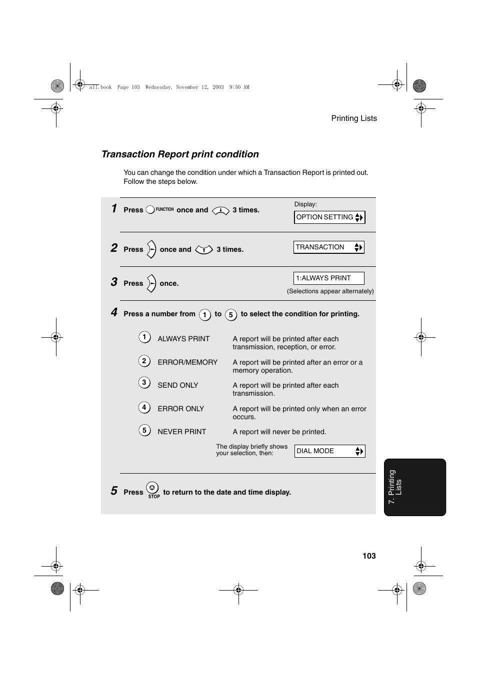 Transaction report print condition | Sharp UX-A1000 User Manual | Page 105 / 136
