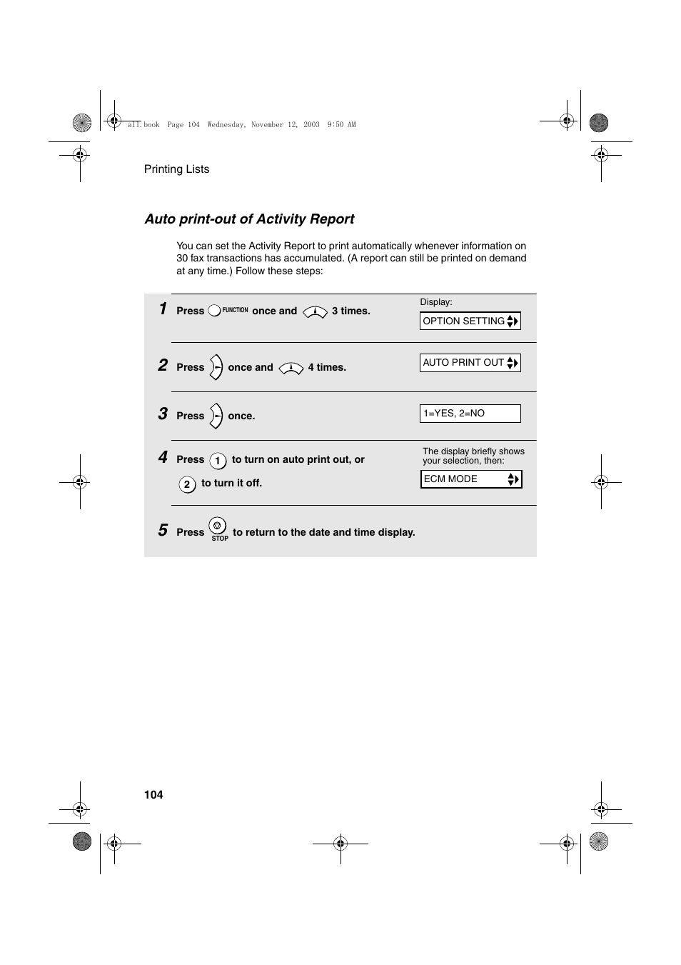 Auto print-out of activity report | Sharp UX-A1000 User Manual | Page 106 / 136