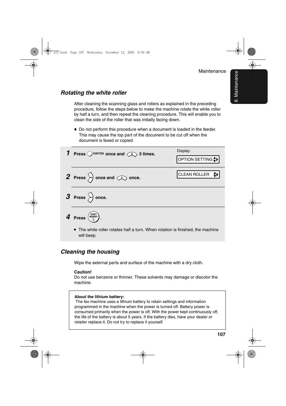 Cleaning the housing, Rotating the white roller | Sharp UX-A1000 User Manual | Page 109 / 136