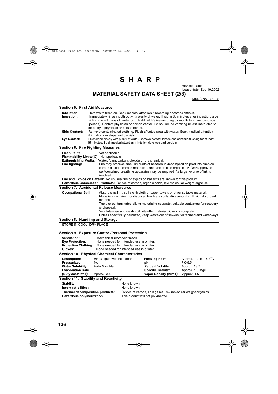 Material safety data sheet (2/3) | Sharp UX-A1000 User Manual | Page 128 / 136