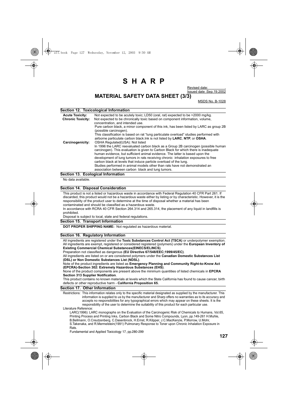 Material safety data sheet (3/3) | Sharp UX-A1000 User Manual | Page 129 / 136