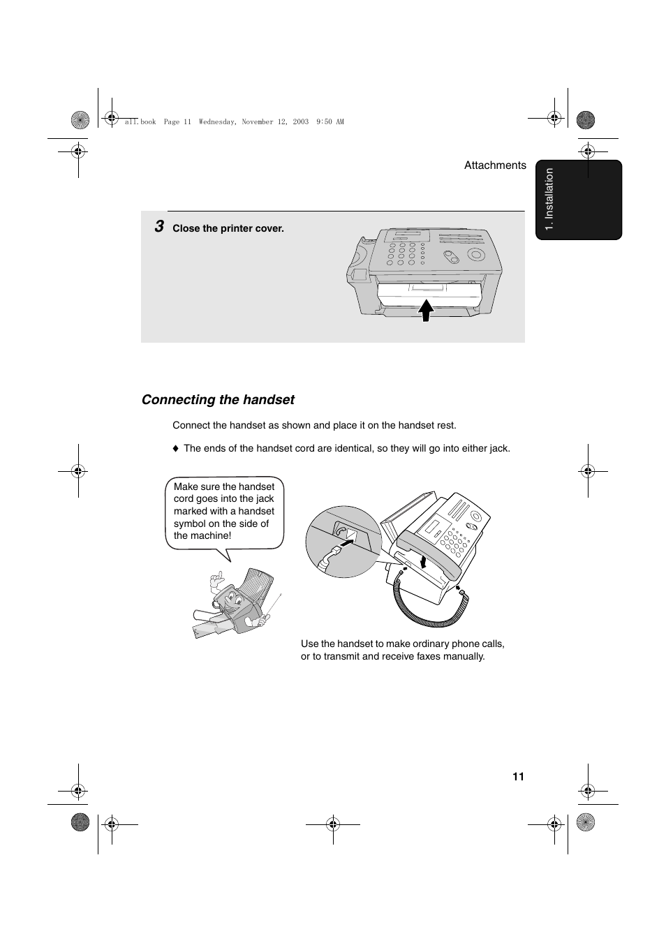 Connecting the handset | Sharp UX-A1000 User Manual | Page 13 / 136