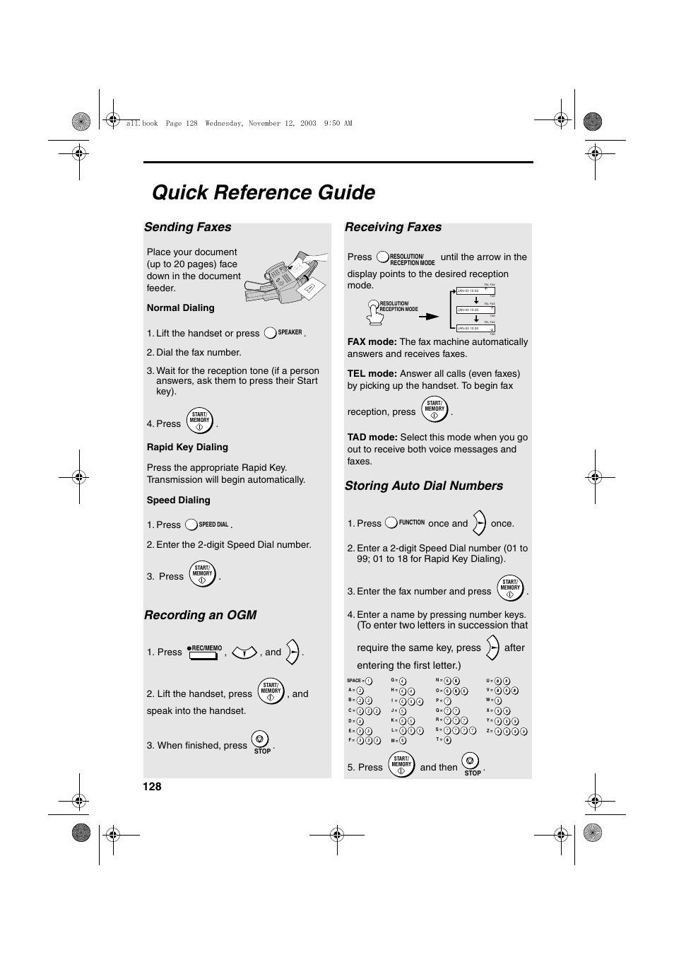 Quick reference guide, Sending faxes, Recording an ogm | Receiving faxes, Storing auto dial numbers | Sharp UX-A1000 User Manual | Page 130 / 136