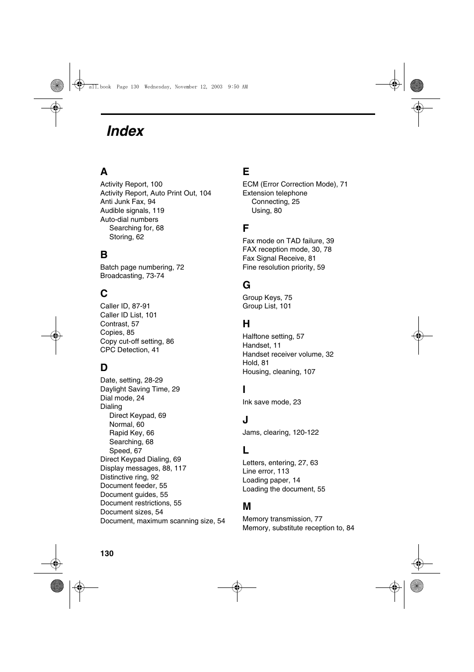 Index | Sharp UX-A1000 User Manual | Page 132 / 136