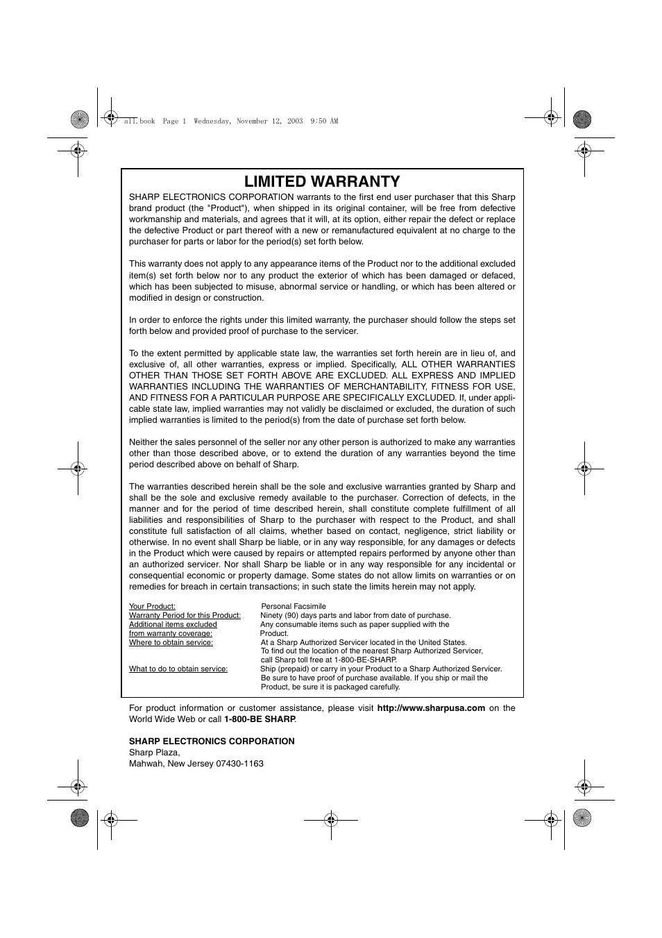 Limited warranty | Sharp UX-A1000 User Manual | Page 135 / 136
