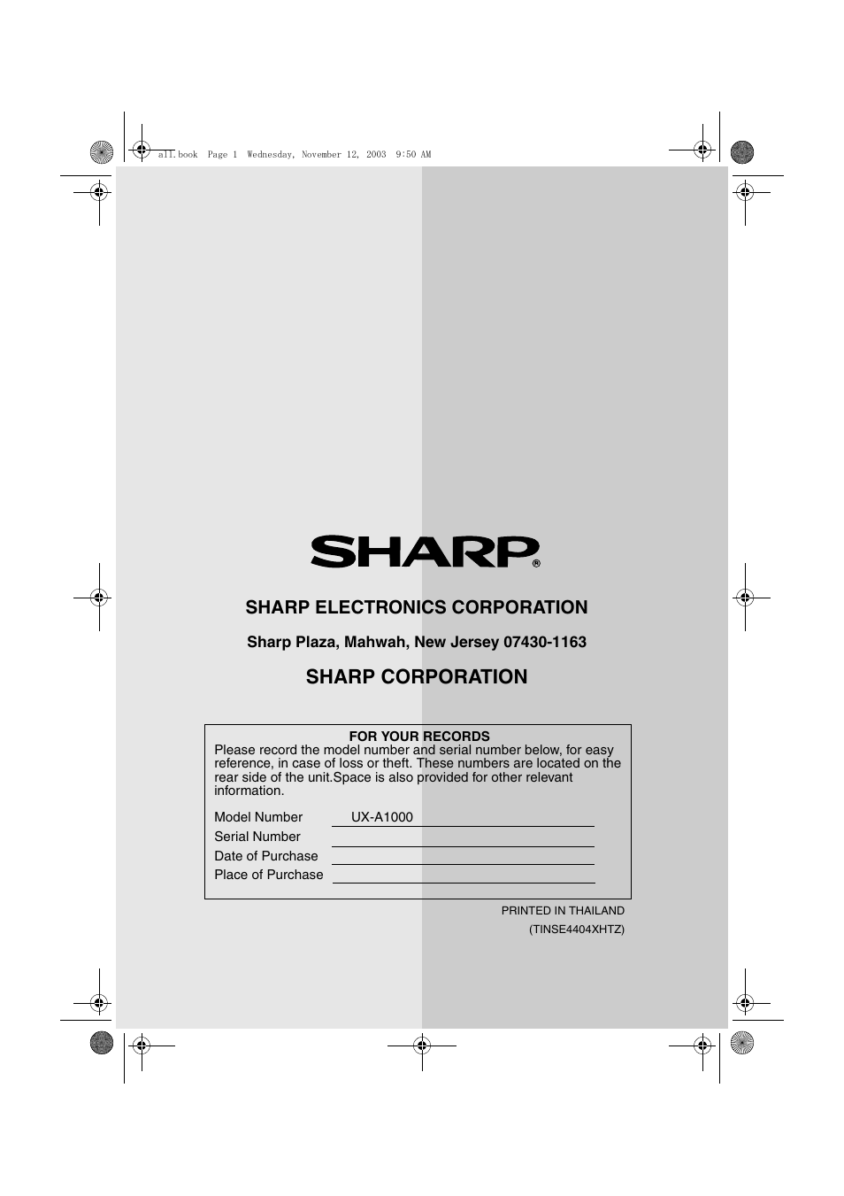 Sharp corporation, Sharp electronics corporation | Sharp UX-A1000 User Manual | Page 136 / 136
