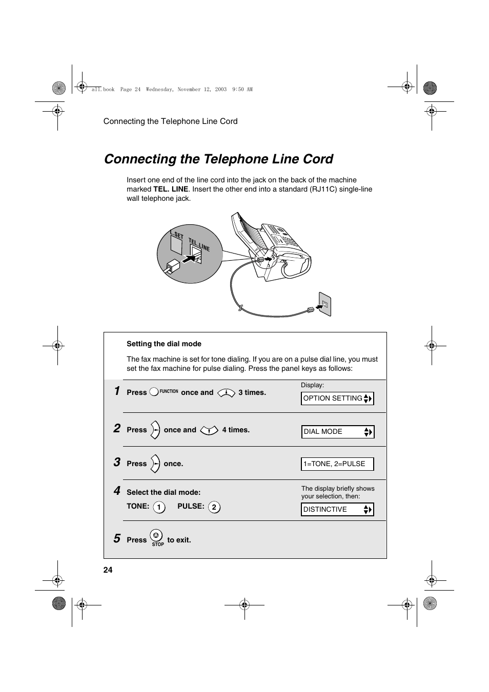 Connecting the telephone line cord | Sharp UX-A1000 User Manual | Page 26 / 136