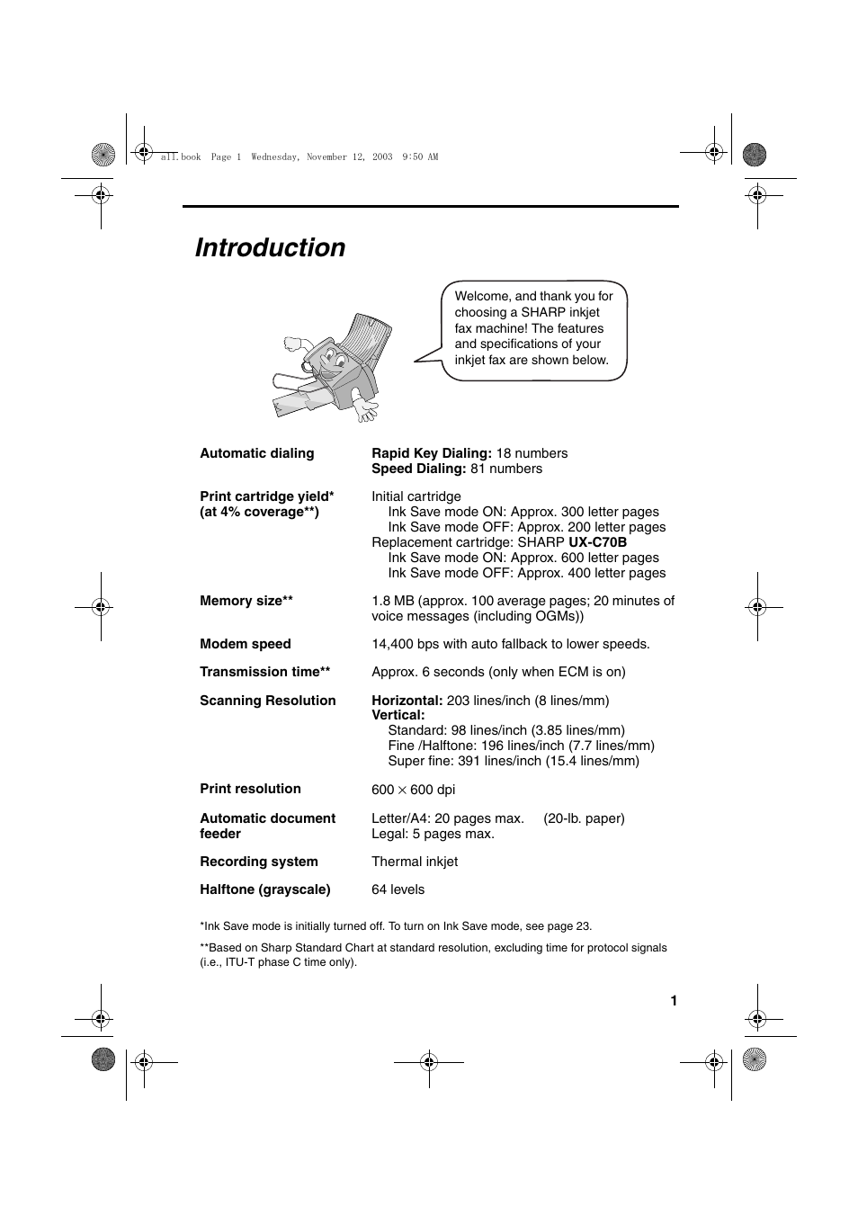 Introduction | Sharp UX-A1000 User Manual | Page 3 / 136