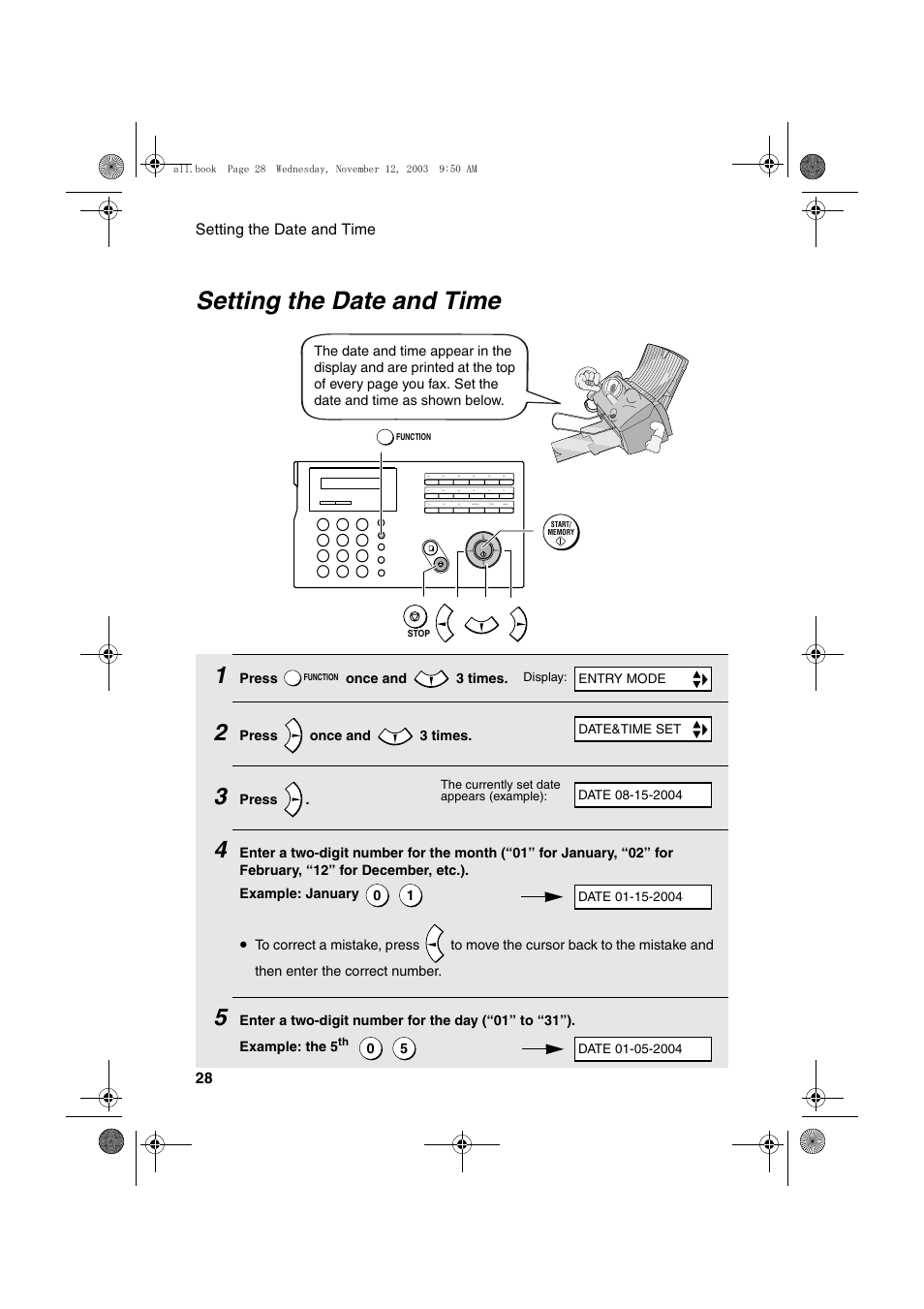 Setting the date and time | Sharp UX-A1000 User Manual | Page 30 / 136