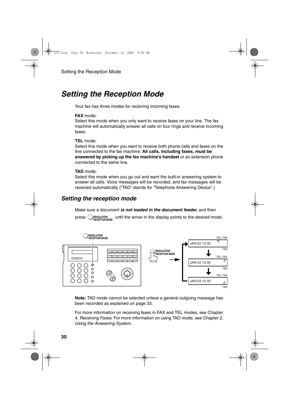 Setting the reception mode | Sharp UX-A1000 User Manual | Page 32 / 136
