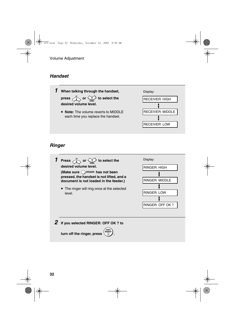 Ringer, Handset | Sharp UX-A1000 User Manual | Page 34 / 136