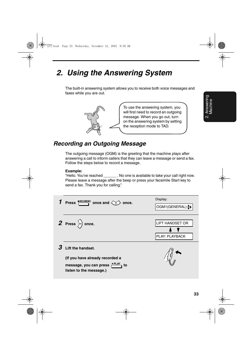 Using the answering system, Recording an outgoing message | Sharp UX-A1000 User Manual | Page 35 / 136