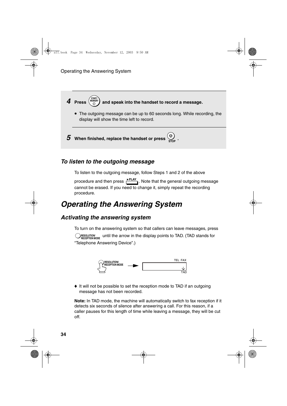 Operating the answering system, Activating the answering system | Sharp UX-A1000 User Manual | Page 36 / 136