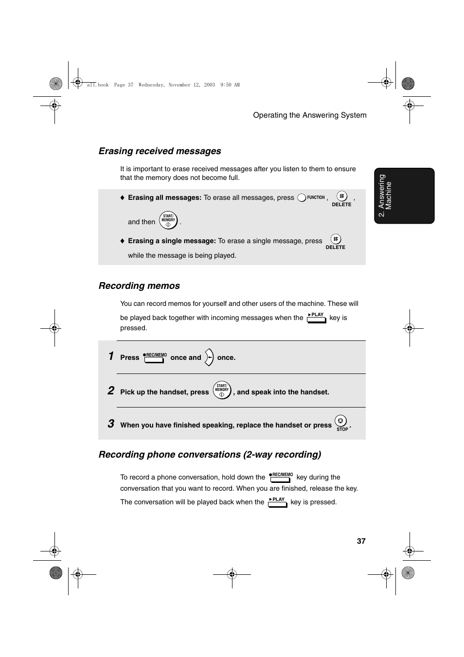 Erasing received messages, Recording phone conversations (2-way recording) | Sharp UX-A1000 User Manual | Page 39 / 136